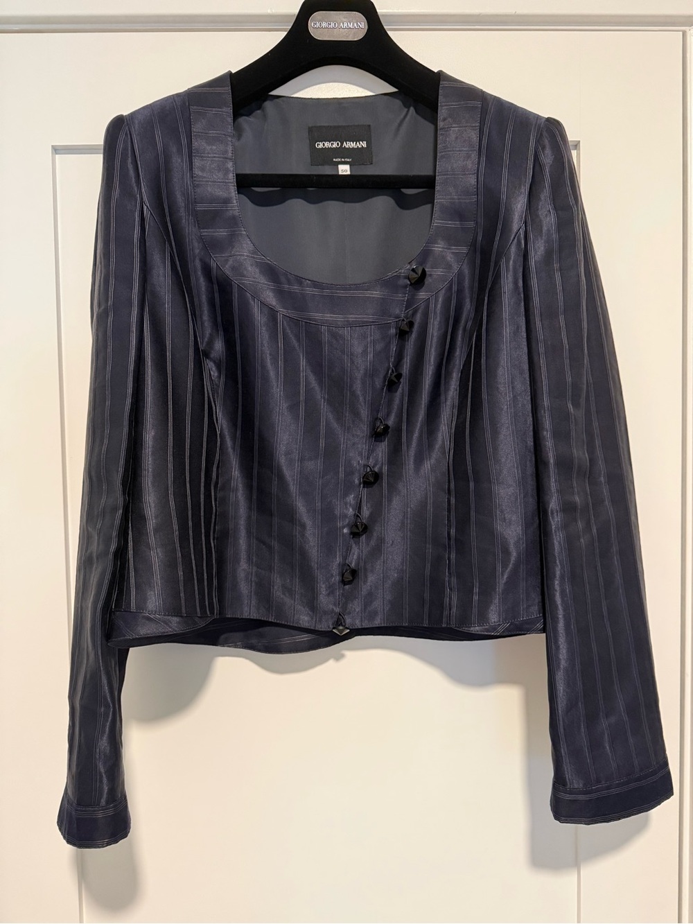 Giorgio Armani Navy Pinstripe Silk-Blend Blazer with Asymmetrical Buttons